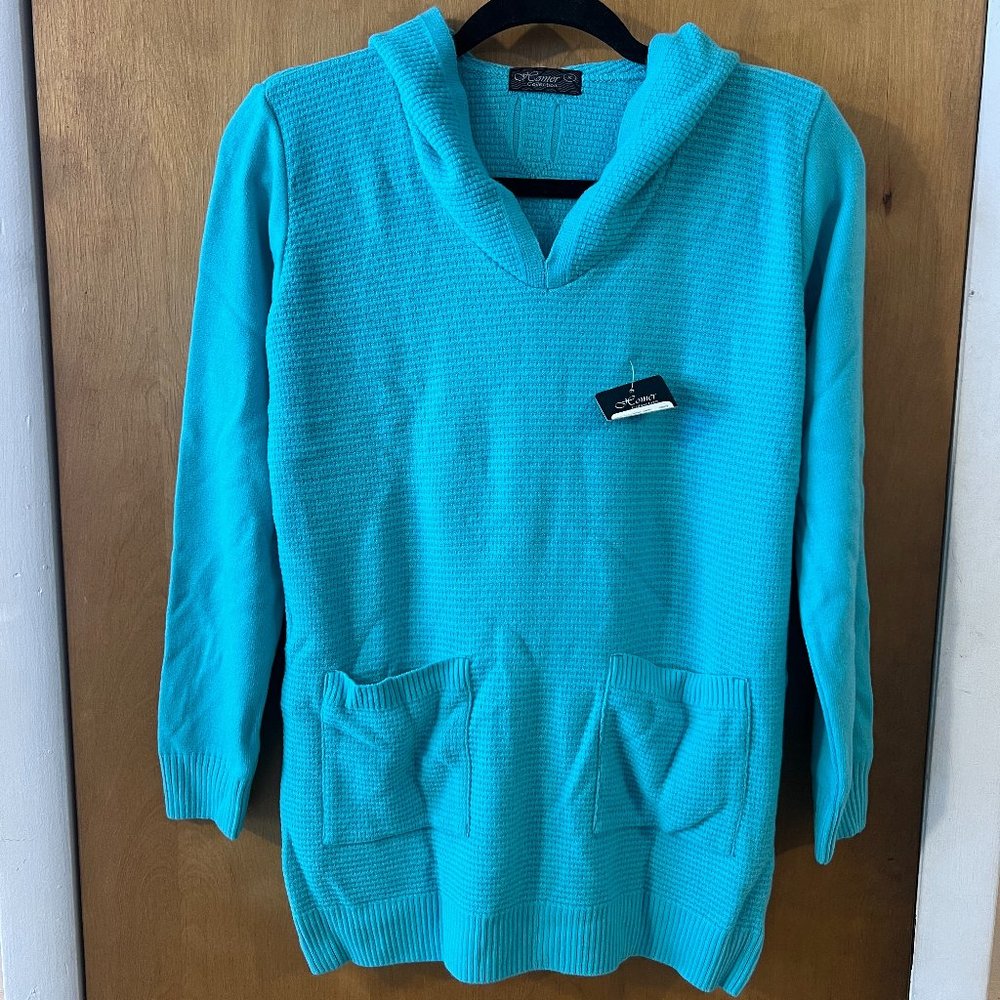 NWT Homer Collection Women's Teal 3/4 Sleeve V-Neck Knit Hooded Shirt Small